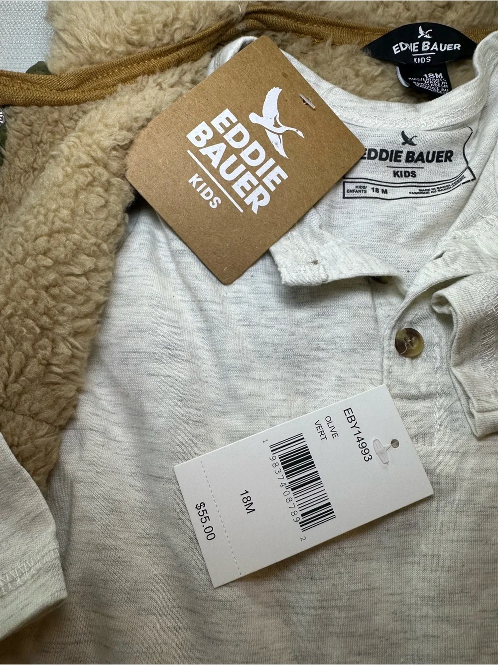 Eddie Bauer Kids Olive Green Hooded Vest & Heathered Henley Set 18M NWT